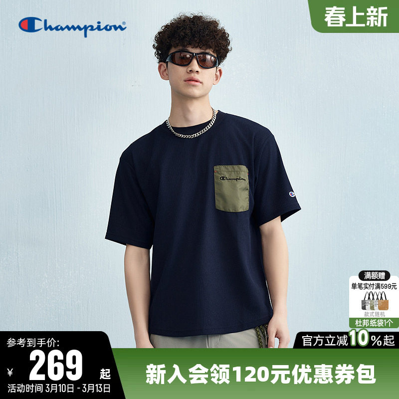 Champion冠军T恤男春季复古拼接口袋圆领休闲运动宽松短袖上衣女