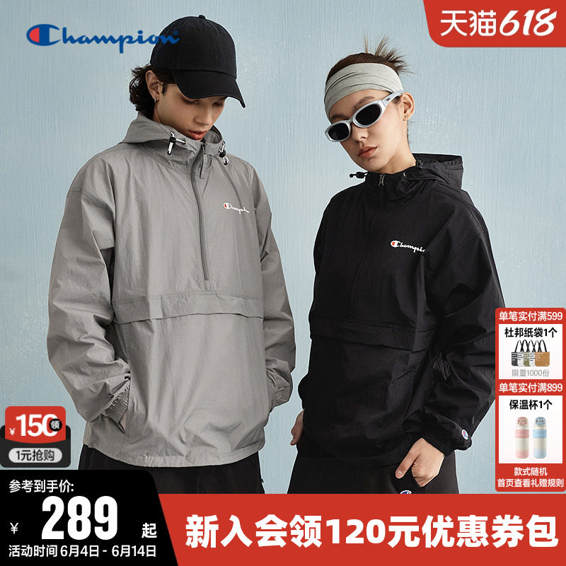 Champion冠军夹克女春季情侣连帽半拉链复古休闲运动套头外套男潮