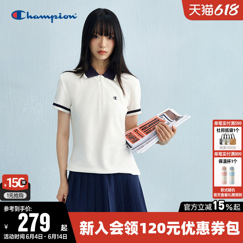 Champion冠军T恤女夏季半拉链纯棉POLO衫修身休闲短袖翻领上衣潮