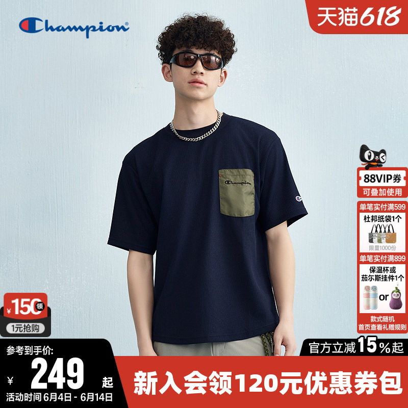 Champion冠军T恤男夏季复古拼接口袋圆领休闲运动宽松短袖上衣女