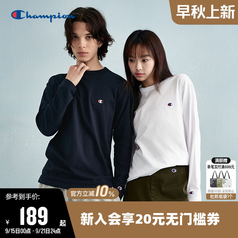 Champion冠军长袖T恤女25秋季新款纯棉打底衫情侣圆领运动上衣男