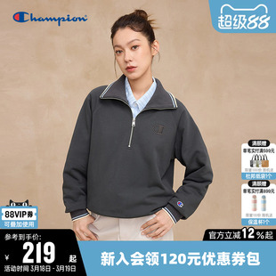 Champion冠军翻领卫衣女春季纯色半拉链休闲学院风海军领宽松上衣