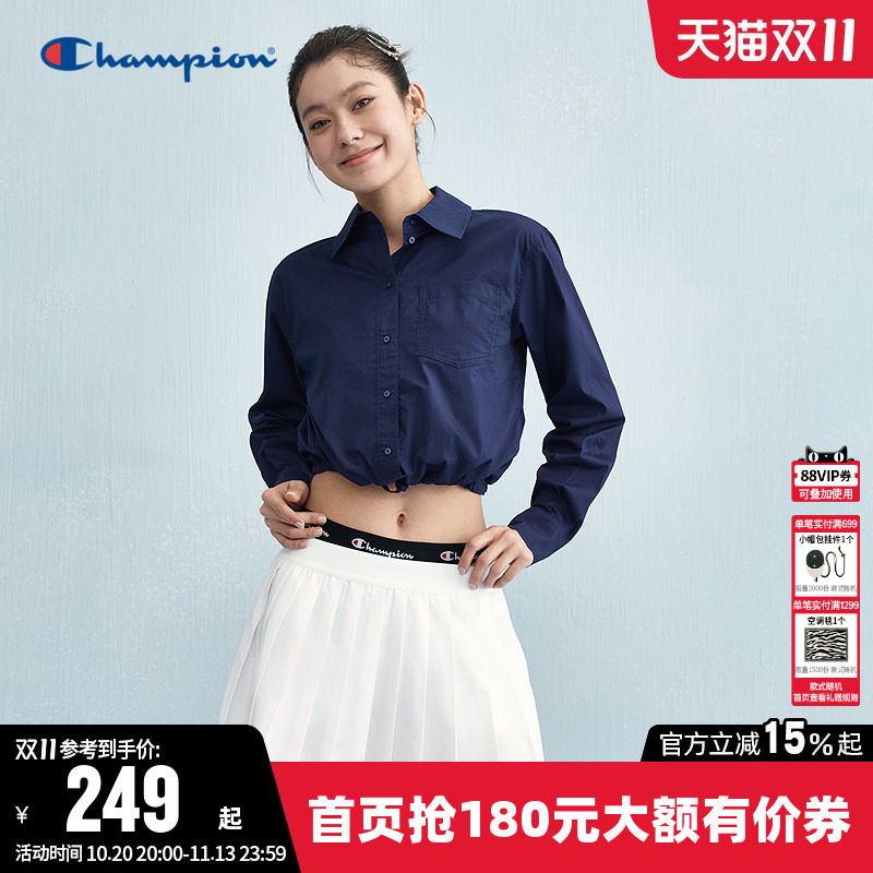 Champion冠军长袖衬衫女秋季刺绣翻领白色设计感休闲纯棉短款上衣