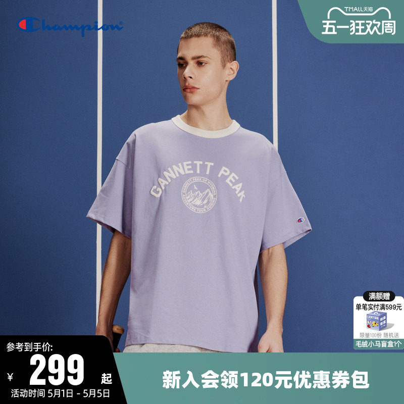 Champion冠军T恤女夏季图案拼色情侣休闲运动圆领纯棉短袖上衣男