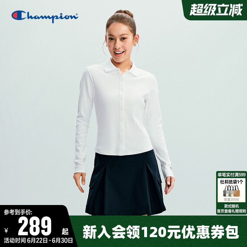 Champion冠军衬衫女2026春季新款纯色修身长袖POLO衫翻领休闲上衣