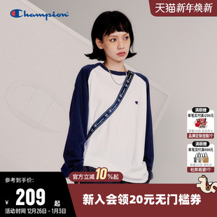 情侣纯棉插肩袖 新款 拼色休闲上衣男 T恤女25秋季 Champion冠军长袖