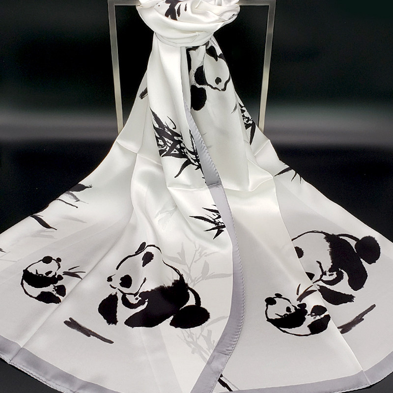 大熊猫水墨丝巾桑蚕丝围巾披肩四川特产文化中国风民俗文创意礼物