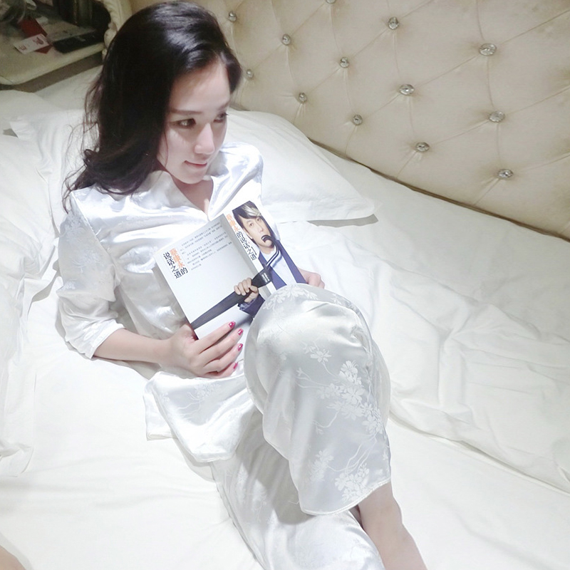 刘美人刘钰懿白色真丝睡衣女长袖两件套装桑蚕丝绸家居服可外穿秋