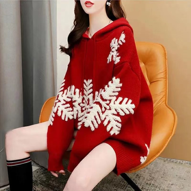 新年红色圣诞连帽毛衣女秋冬宽松慵懒风加厚保暖中长款针织衫外套