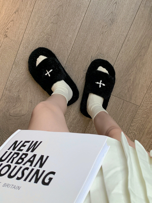 十字花毛毛拖鞋女秋冬季外穿韩版ins潮鞋毛茸茸刺绣居家厚底拖鞋