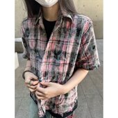 MAMMJUDX夏季 格子衬衣情侣潮 男女宽松刺绣美式 格纹长袖 粉色衬衫