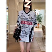 T恤男女插肩字母做旧印花夏季 MAMMJUDX美式 撞色圆领短袖 复古上衣i