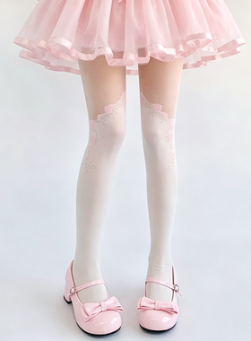 lolita玫瑰提花芭蕾风白色丝袜连裤袜女薄款可爱甜美蕾丝打底袜