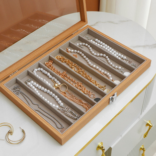 放珍珠项链收纳盒带盖玻璃防尘长手链珠子饰品粗颈链首饰盒看货盘