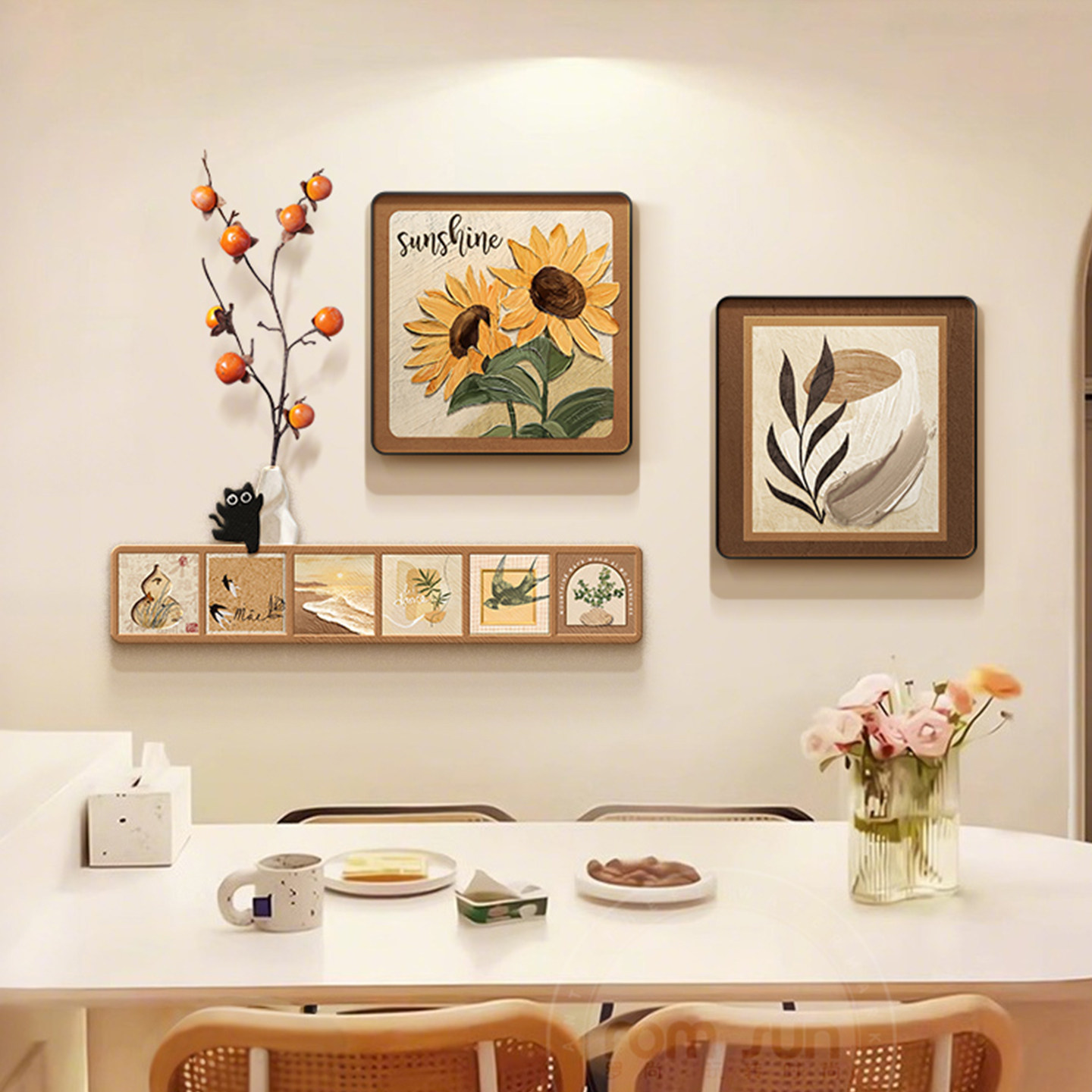 向日葵餐厅挂画高级感客厅大白墙组合壁画奶油风饭厅餐桌旁装饰画,家居饰品,现代装饰画,淘宝优惠券,粉丝福利购,淘宝优惠卷