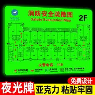 夜光消防疏散示意图安全逃生指示牌亚克力学校宾馆酒店办公楼公寓宿舍消防通道分布路线标识牌安全警示牌定制