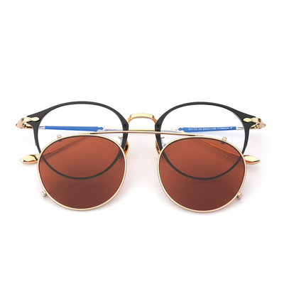 M31112复古圆框纯钛眼镜架男女超轻可配防蓝光近视镜框茶色夹片