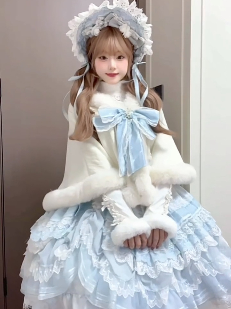 自制秋冬毛绒短披肩外套可爱甜美lolita斗篷保暖洛丽塔百搭加厚