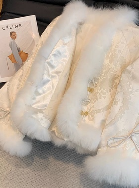 大码新中式国风毛边棉服女冬季设计感名媛短款显瘦独特轻奢外套女