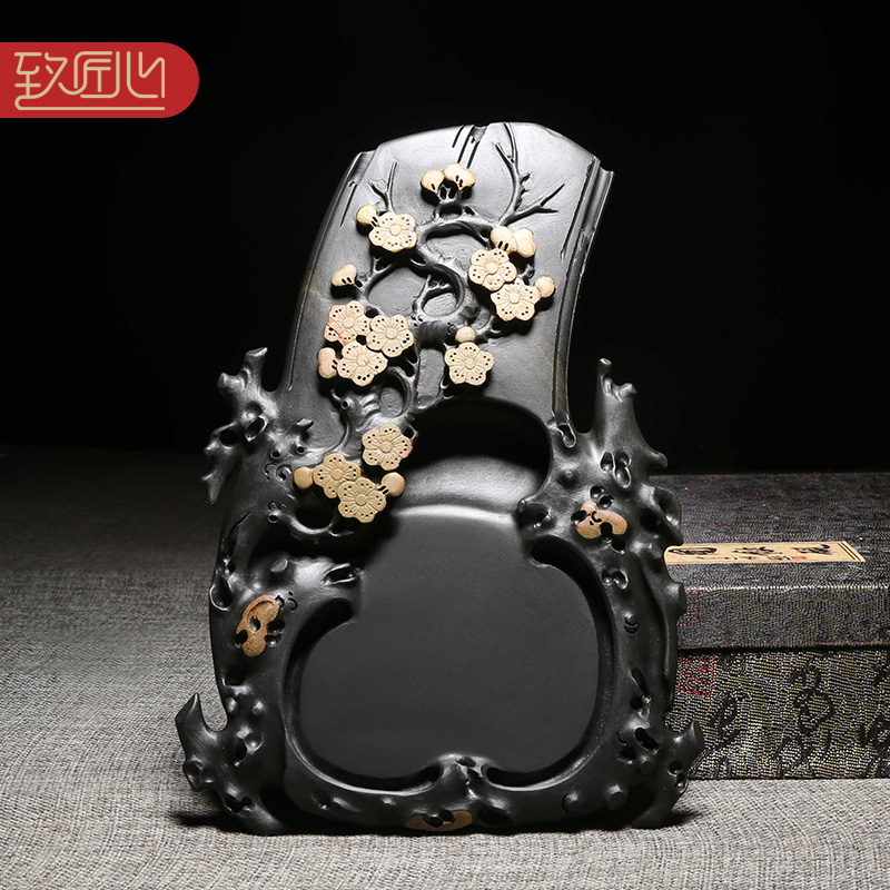 匠心非遗歙砚名师精手工雕刻作品《梅开五福》老坑金星金晕原石天然砚台梅花收藏大气高档摆件送礼佳品礼盒
