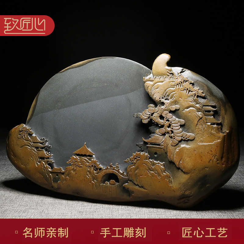 匠心非遗歙砚名师雕刻天然原石
