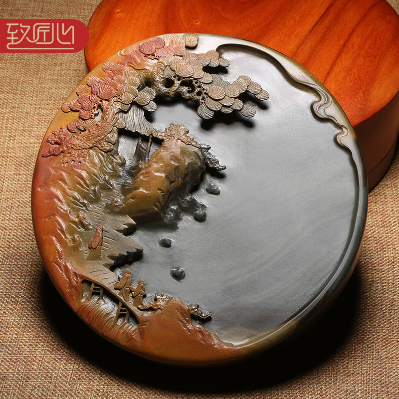 匠心非遗歙砚名师许亚祥大师作品溪山行旅天然原石砚台老坑金晕砚石精手工雕刻收藏老坑砚台高档安徽歙砚名砚