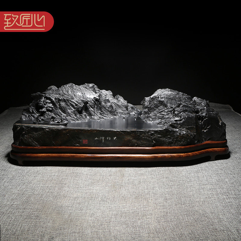【大型砚台】匠心非物质文化遗产名师精手工浮雕作品/大好河山/天然龙尾山老坑黑龙尾原石歙砚高档大气摆件