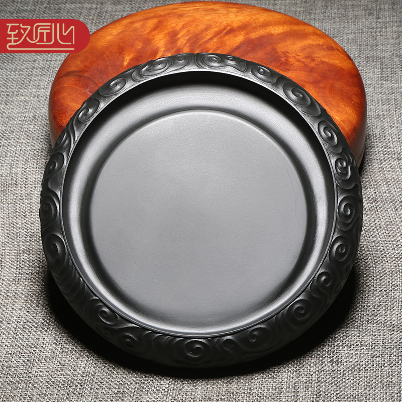 匠心非遗歙砚名师作品《祥云砚》浮雕创意圆形砚台龙尾山天然原石老坑黑龙尾砚台高档次立体摆件收藏送礼佳品