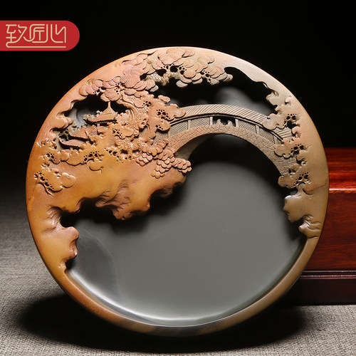 匠心非遗名师名砚孤品大师安徽砚台高档文房四宝天然原石老坑金晕籽料歙砚珍藏礼品送礼精手工砚/锦绣山河