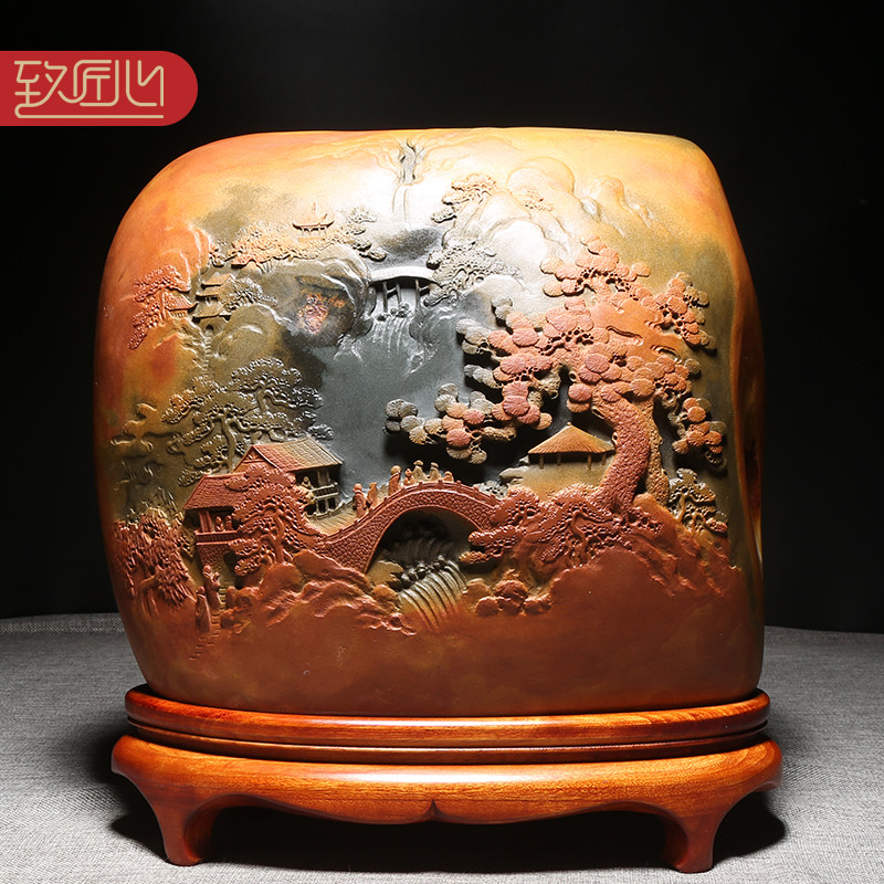 精品大师许亚祥紫气东来自然山水意境原石手工老坑金晕籽料砚台书法绘画文房四宝大气高档摆件收藏送礼