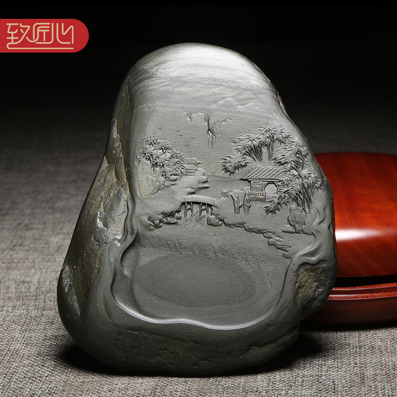 匠心非物质文化遗产名师精雕细琢作品手工精选天然龙尾山老坑金晕原石手工歙砚高档摆件砚台收藏小桥流水人家