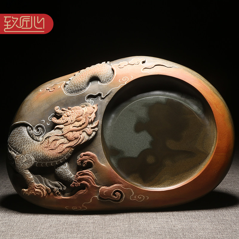 名师名砚/匠心非遗歙砚精手工作品/中华龙/浮雕老坑金晕籽料原石砚台文房高档摆件送礼佳品收藏四大名砚