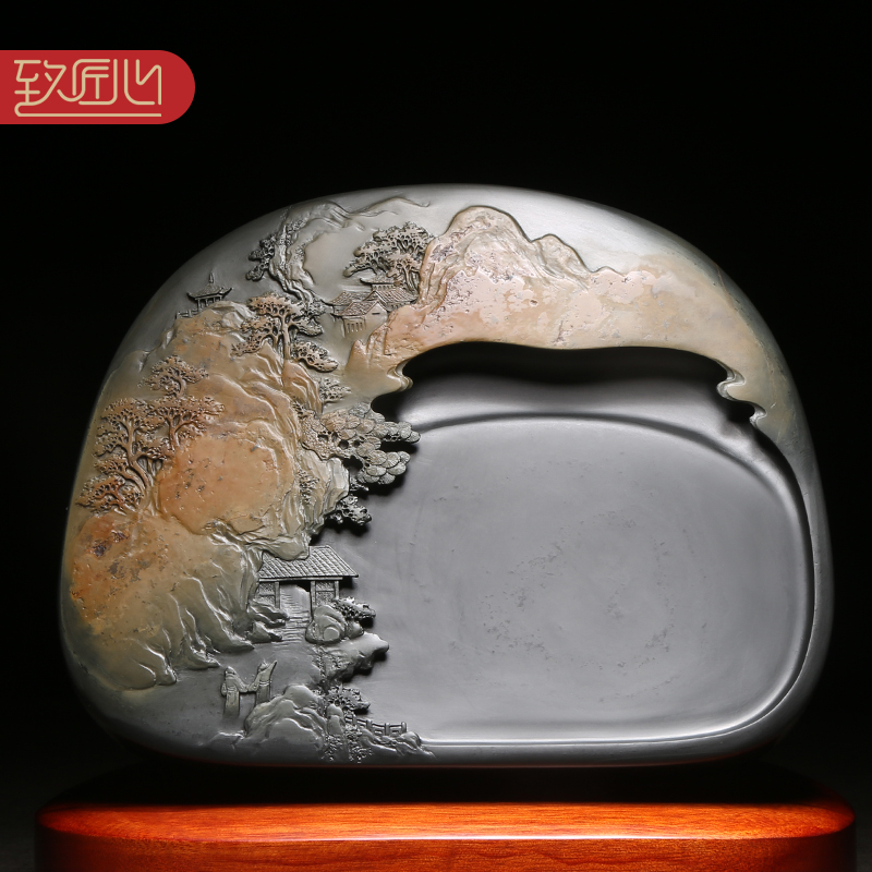 匠心非遗歙砚名师作品/访友图/天然原石砚台老坑金晕砚石精手工雕刻成型收藏石头砚台安徽歙砚 高档墨砚
