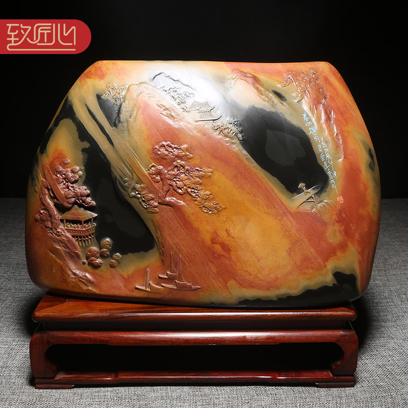 匠心非遗传人名师作品《春山烟雨》巴永成大师砚台天然原石金晕歙砚老坑籽料砚台书房办公室高档立体大气礼品