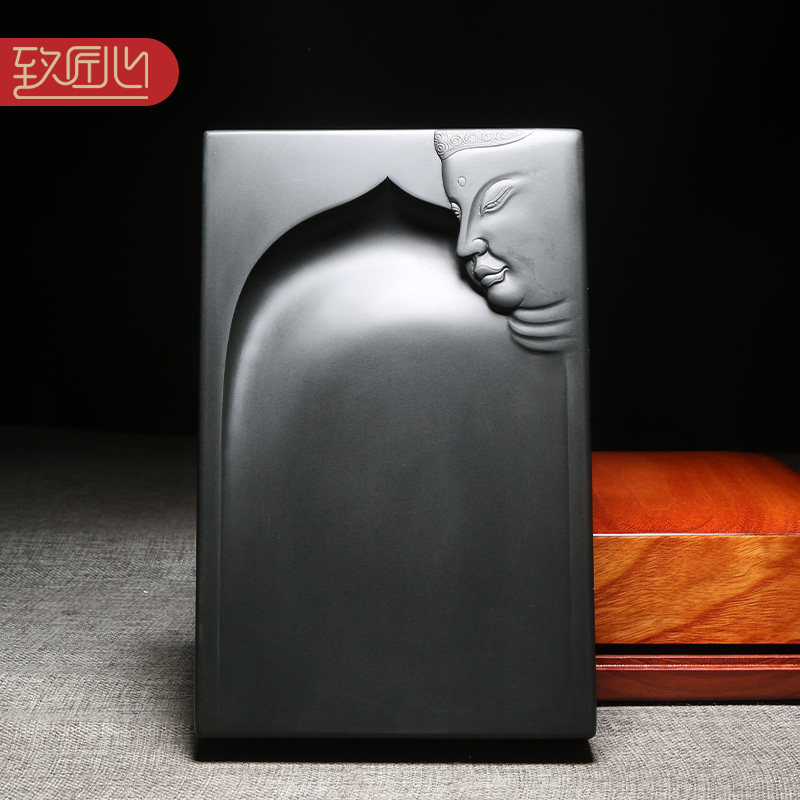 匠心非遗歙砚技艺名师许亚祥作品《佛缘》长方素砚8寸砚台原石经典实用礼品文房四宝配木盒老坑黑龙尾砚台