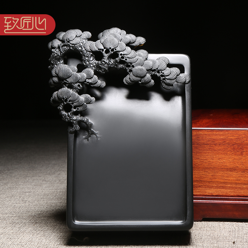 匠心非遗歙砚名师许亚祥作品《苍松劲柏》天然原石收藏礼品文房大气高档摆件龙尾山老坑黑龙尾籽料四大名砚