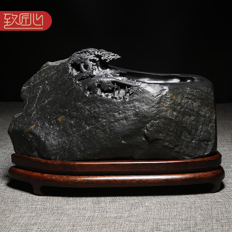 匠心非遗歙砚名师精手工雕刻作品《松下雅聚》老坑原石黑龙尾天然砚台文房收藏大气高档摆件送礼佳品礼盒