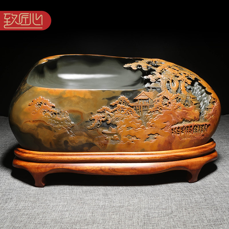 匠心非遗歙砚名师精手工雕刻作品 江山如画 老坑原石金晕天然砚台文房收藏送领导办公室大气高档摆件礼盒包装