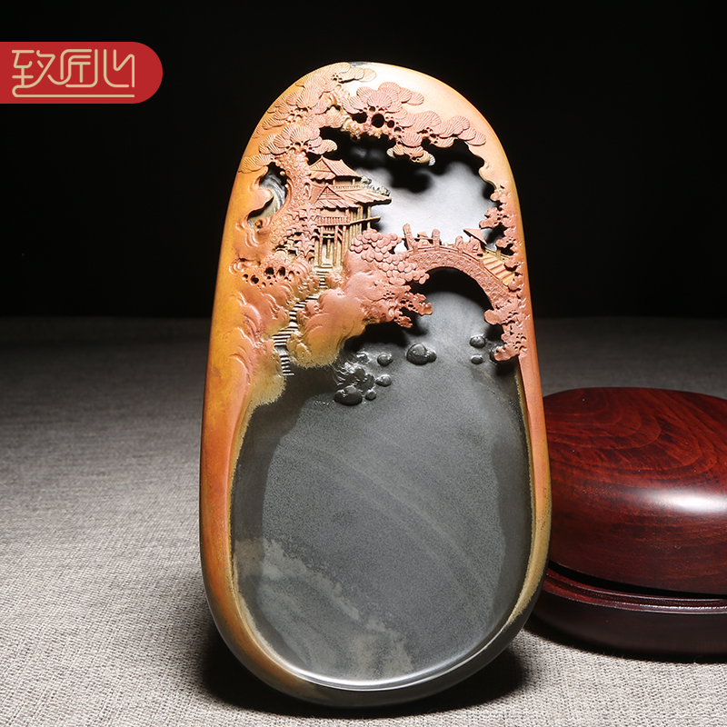 匠心非遗歙砚大师作品《松风雅韵》天然原石砚台老坑金晕砚石名师精手工雕刻高档收藏安徽歙砚老坑配木盒证书