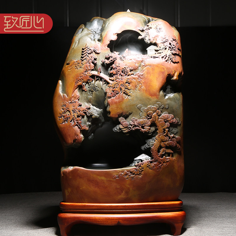 歙砚名师作品《大好河山》收藏送礼砚台手工大师匠心制砚龙尾山老坑金晕原石浮雕摆件倒流香办公室书房