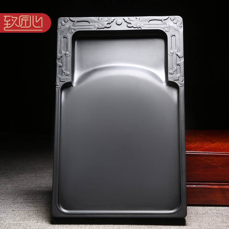安徽歙砚经典素池砚8寸（20cm）双龙戏珠名师作品龙尾山老坑原石长方形实用砚台黑龙尾籽料收藏优端砚配木盒