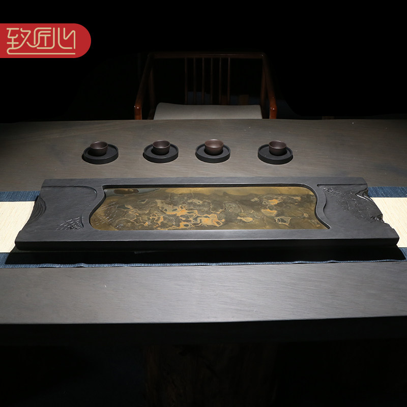 匠人手工茶盘天然金晕整块砚石歙砚龙尾山金晕籽料原石精雕茶盘带排水茶海大号精品双层式排水茶盘知足常乐