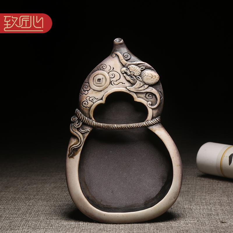 徽州歙砚名师技艺作品《福在眼前》天然原石紫袍玉带玉石手工砚台紫袍玉黛名砚小楷砚台高档收藏把玩小巧