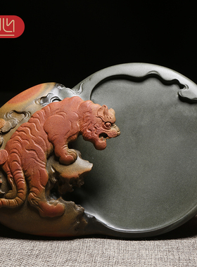 匠心非遗歙砚大师作品《福虎献瑞》天然原石砚台老坑金晕砚石名师精手工雕刻高档收藏安徽歙砚老坑配木盒证书