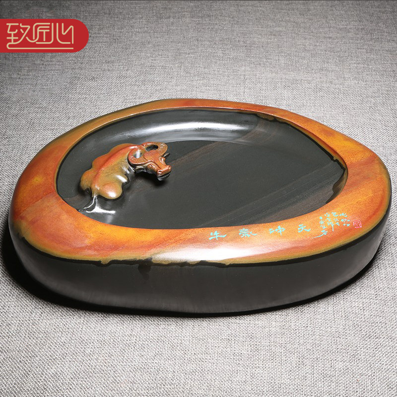 砚台安徽歙砚大师作品/牛气冲天/砚台文房四宝办公室书房书法实用大气摆件砚原石天然端砚高档次送礼佳品收藏