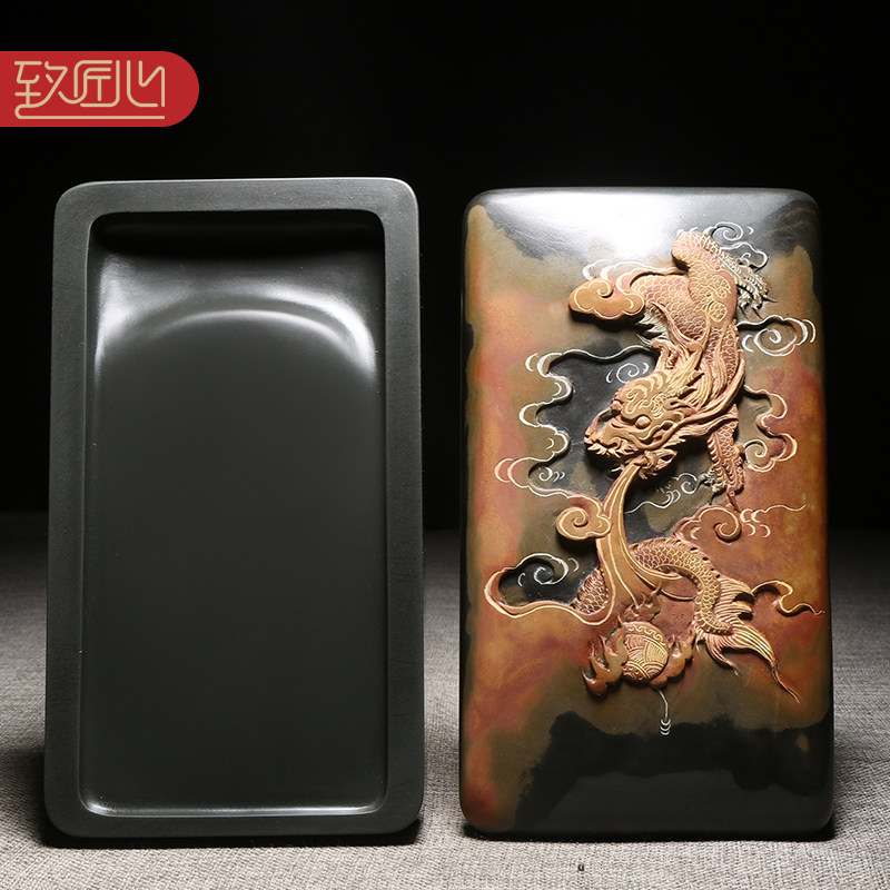 匠心非遗歙砚大师柯崇作品【祥龙献瑞】文房四宝手工龙尾山老坑金晕籽料原石高档摆件实用收藏送礼佳品带盖