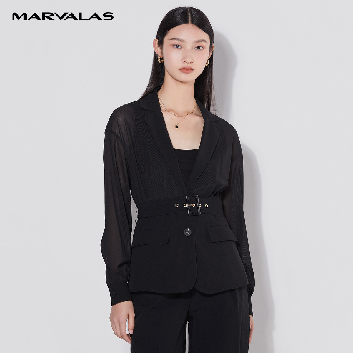 曼德诗休闲西装外套女2025夏季薄款设计感透视长袖收腰时尚小西服