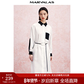 新款 长袖 衬衫 曼德诗雪纺连衣裙女2025春季 领中长款 黑白撞色风衣裙