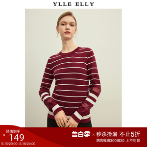 YLLE ELLY撞色条纹针织衫2024春冬新款经典蕾丝拼接套头打底衫女