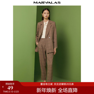 曼德诗格纹休闲裤女2024秋季新品复古英伦风直筒西裤百搭九分裤潮